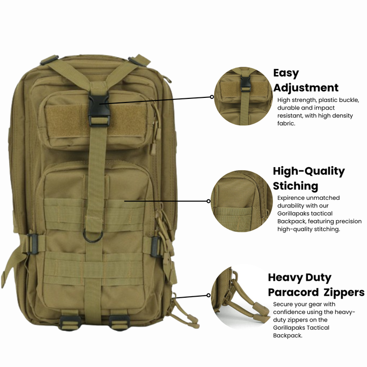 Gorilla Paks™ Small 30L Military Tactical Backpack (Tan) Assault 3 Day Pack Army Molle Bag Backpacks Rucksack - Hunting, Hiking.