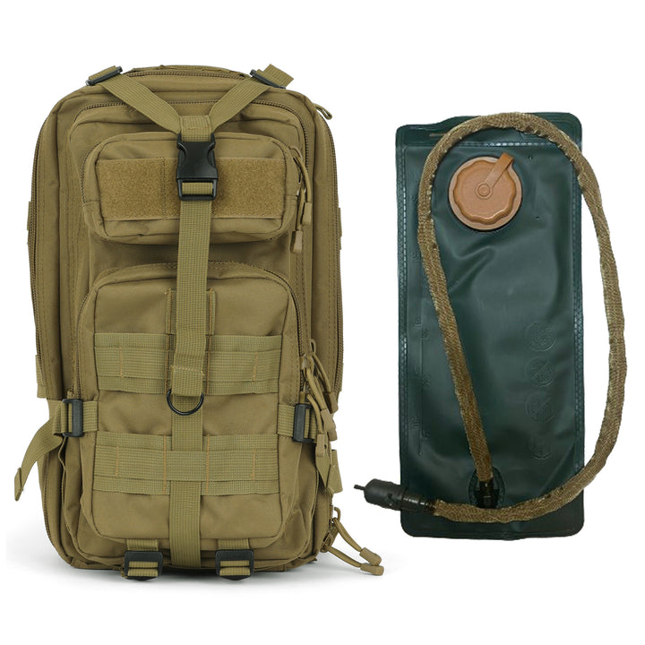 Gorilla Paks™ Small 30L Military Tactical Hydration Backpack (Tan) - 2.5L Water Bladder - Assault 3 Day Pack Army Molle Bag Backpacks Rucksack - Hunting, Hiking.